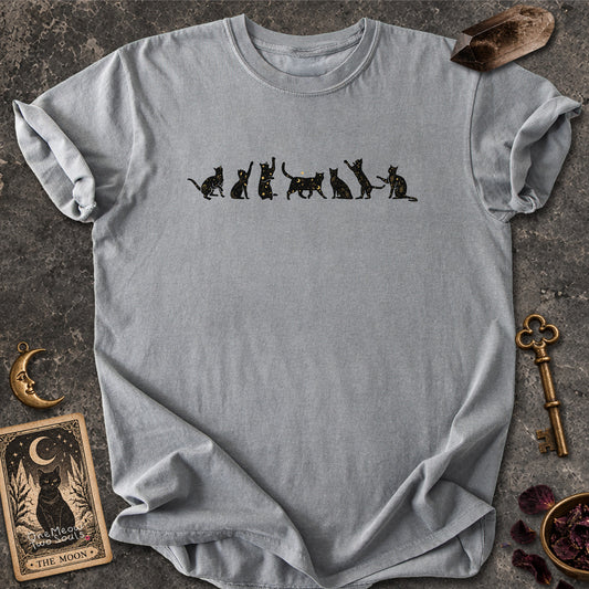 Grey colored Comfort Colors 1717 cotton T-shirt, featuring a Celestial Cats witchy cat design illustration. One Meow Two Souls brand.