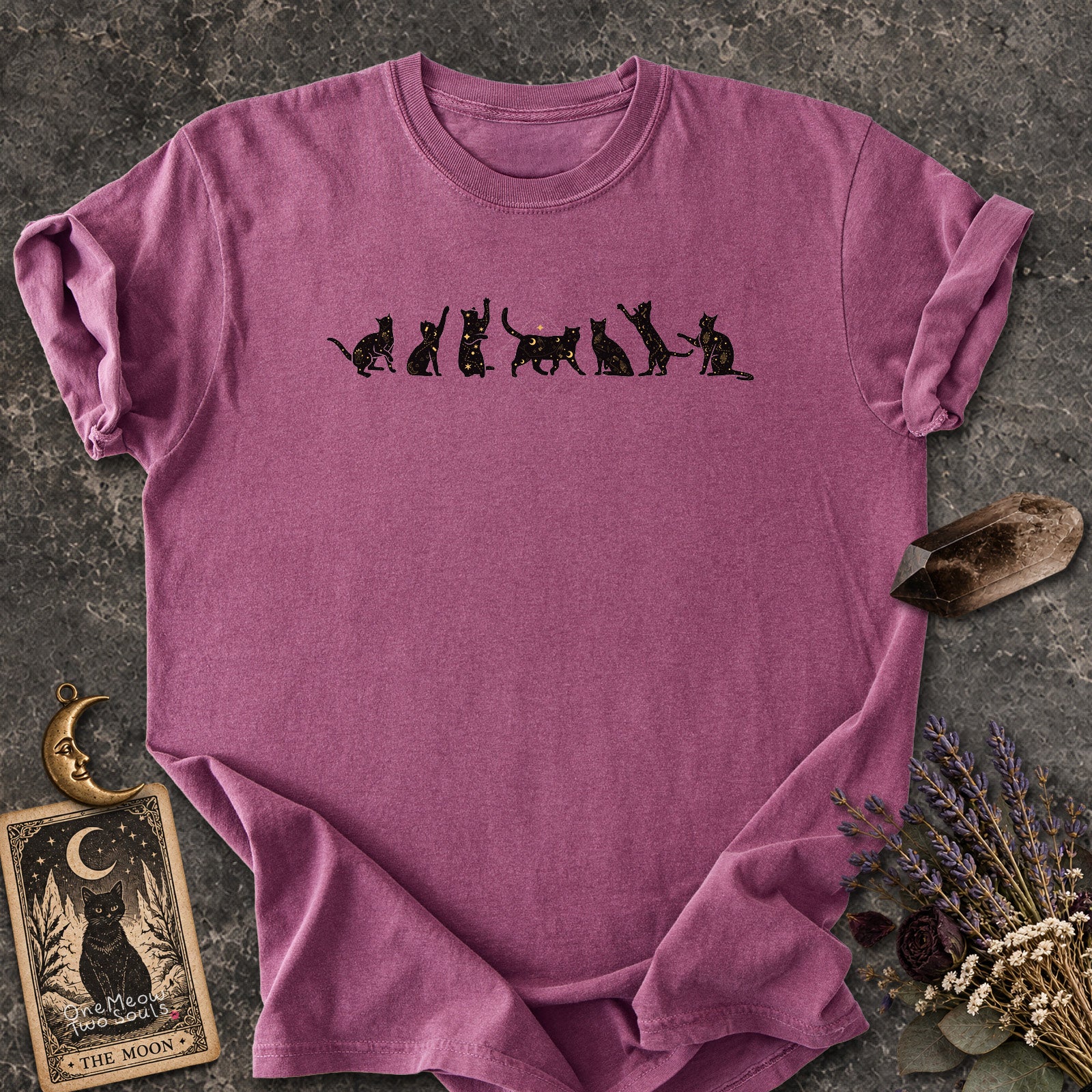 Berry colored Comfort Colors 1717 cotton T-shirt, featuring a Celestial Cats witchy cat design illustration. One Meow Two Souls brand.