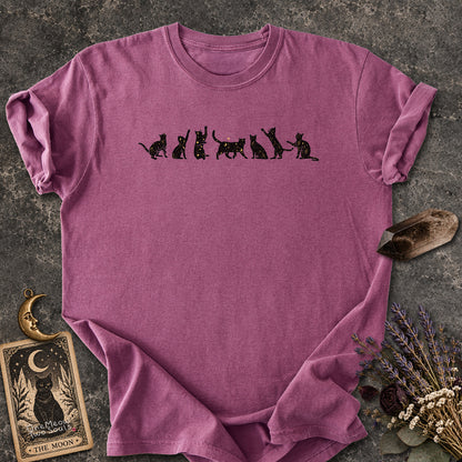 Berry colored Comfort Colors 1717 cotton T-shirt, featuring a Celestial Cats witchy cat design illustration. One Meow Two Souls brand.
