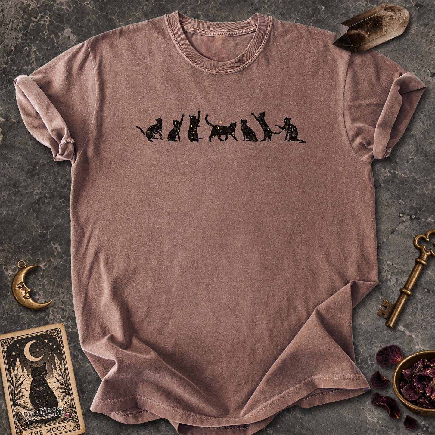 Espresso colored Comfort Colors 1717 cotton T-shirt, featuring a Celestial Cats witchy cat design illustration. One Meow Two Souls brand.