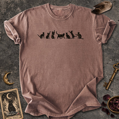 Espresso colored Comfort Colors 1717 cotton T-shirt, featuring a Celestial Cats witchy cat design illustration. One Meow Two Souls brand.