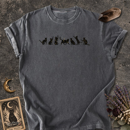 Pepper colored Comfort Colors 1717 cotton T-shirt, featuring a Celestial Cats witchy cat design illustration. One Meow Two Souls brand.