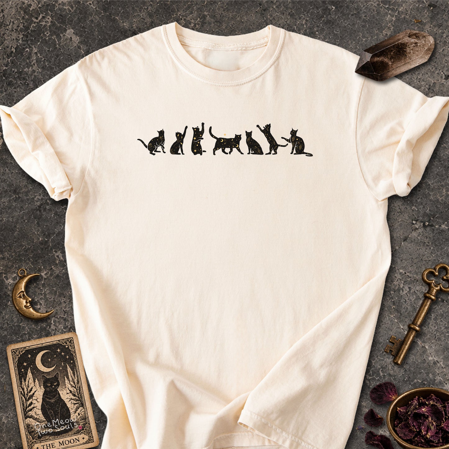 Ivory colored Comfort Colors 1717 cotton T-shirt, featuring a Celestial Cats witchy cat design illustration. One Meow Two Souls brand.