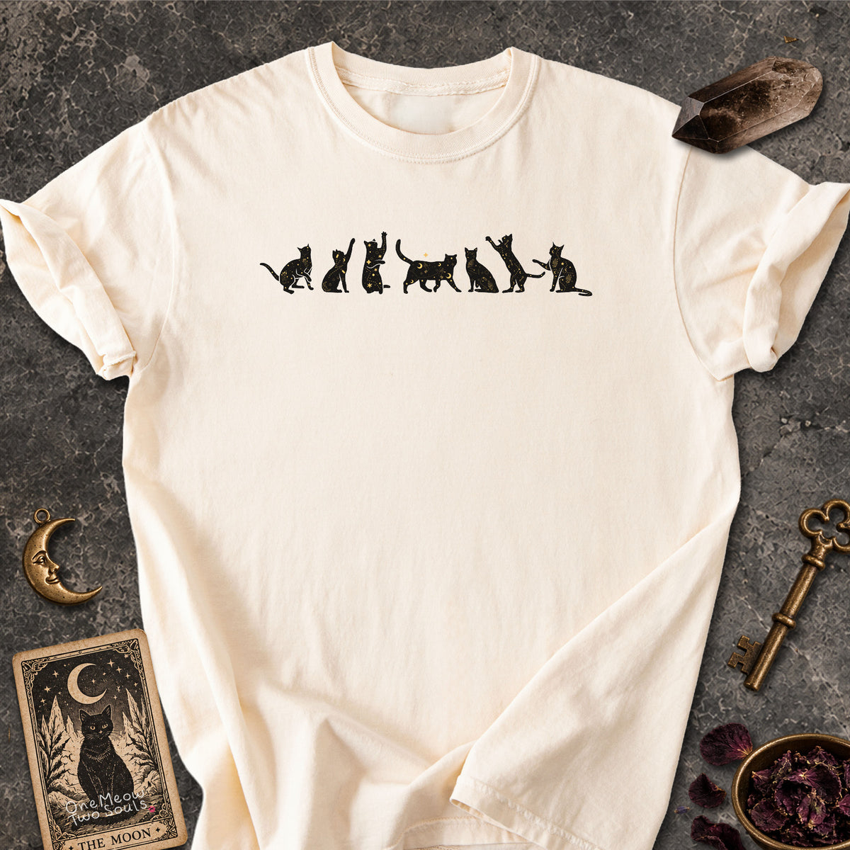 Ivory colored Comfort Colors 1717 cotton T-shirt, featuring a Celestial Cats witchy cat design illustration. One Meow Two Souls brand.