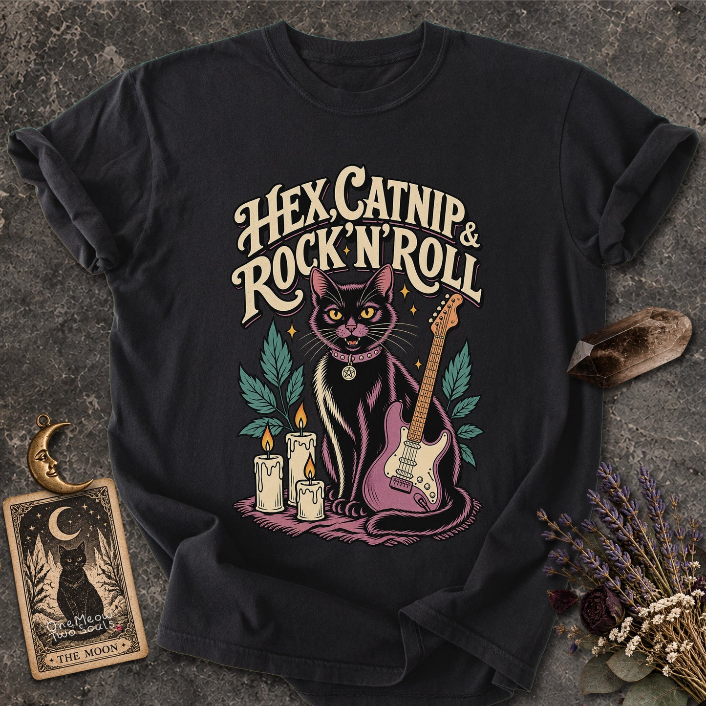 Black colored Comfort Colors 1717 cotton T-shirt, featuring a "Hex, catnip and Rock n roll" gothic witchy cat design illustration. One Meow Two Souls brand.
