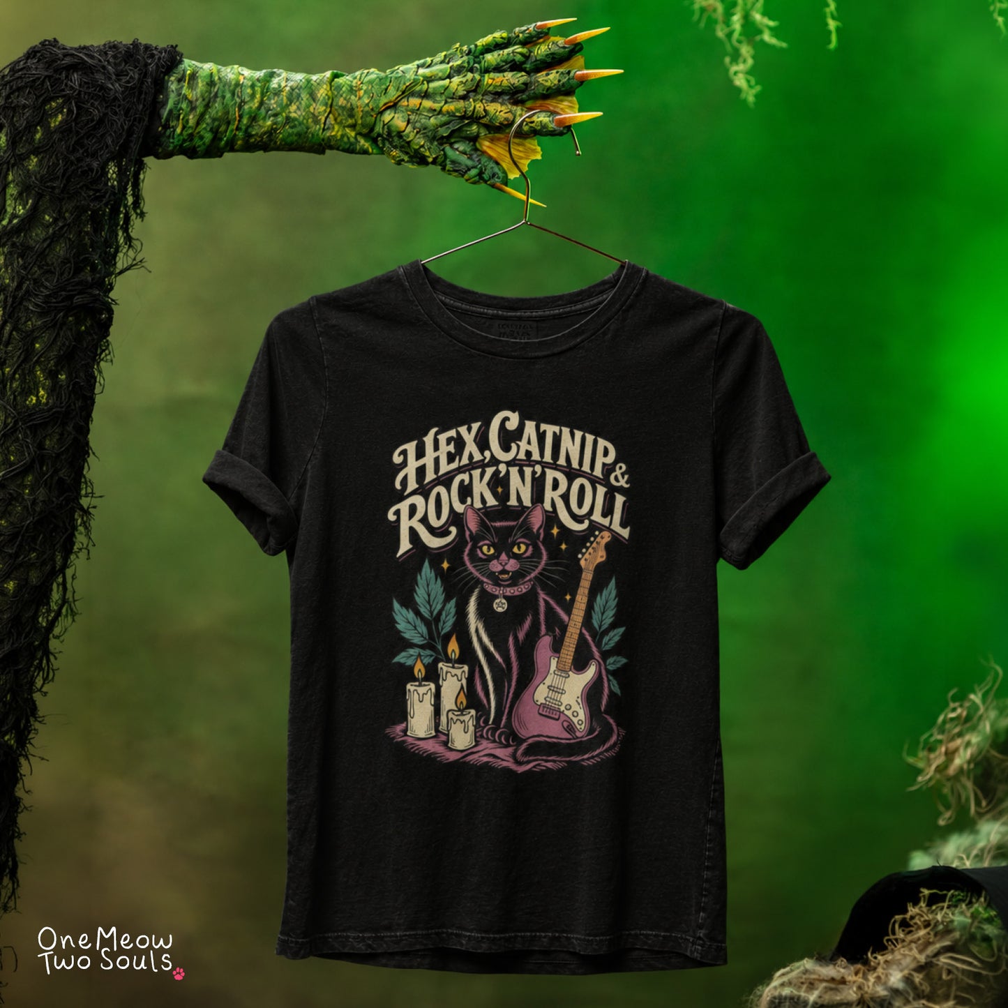 Black colored Comfort Colors 1717 cotton T-shirt, featuring a "Hex, catnip and Rock n roll" gothic witchy cat design illustration. One Meow Two Souls brand.