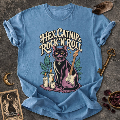 Blue Jean colored Comfort Colors 1717 cotton T-shirt, featuring a "Hex, catnip and Rock n roll" gothic witchy cat design illustration. One Meow Two Souls brand.
