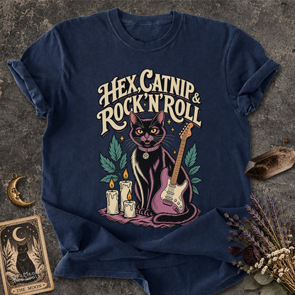 Navy  colored Comfort Colors 1717 cotton T-shirt, featuring a "Hex, catnip and Rock n roll" gothic witchy cat design illustration. One Meow Two Souls brand.