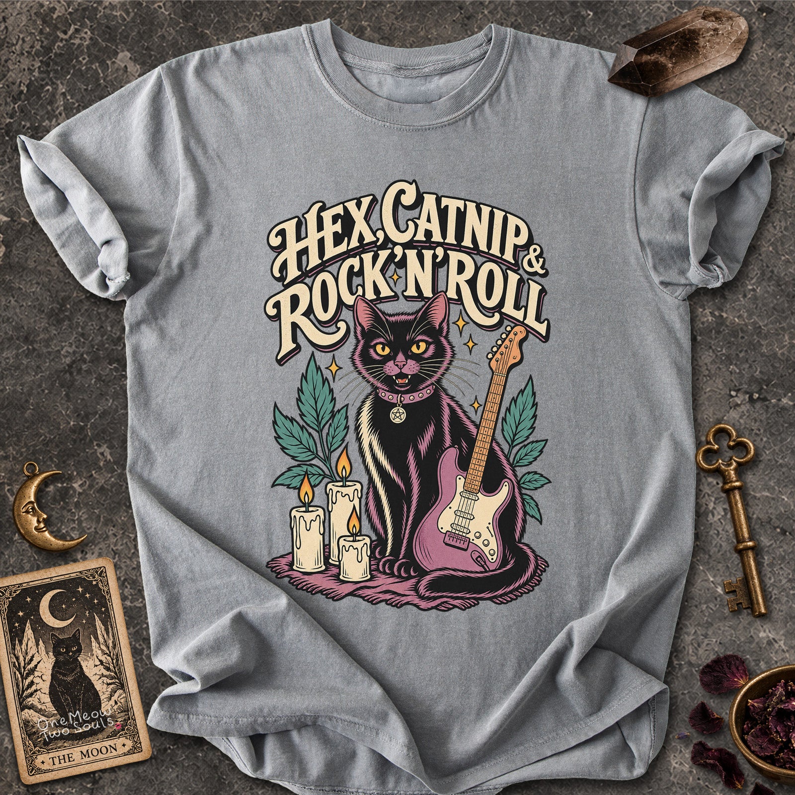 Grey colored Comfort Colors 1717 cotton T-shirt, featuring a "Hex, catnip and Rock n roll" gothic witchy cat design illustration. One Meow Two Souls brand.