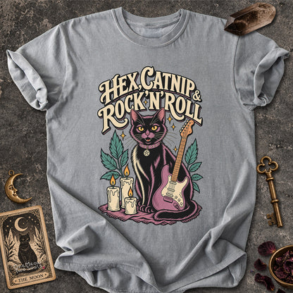 Grey colored Comfort Colors 1717 cotton T-shirt, featuring a "Hex, catnip and Rock n roll" gothic witchy cat design illustration. One Meow Two Souls brand.