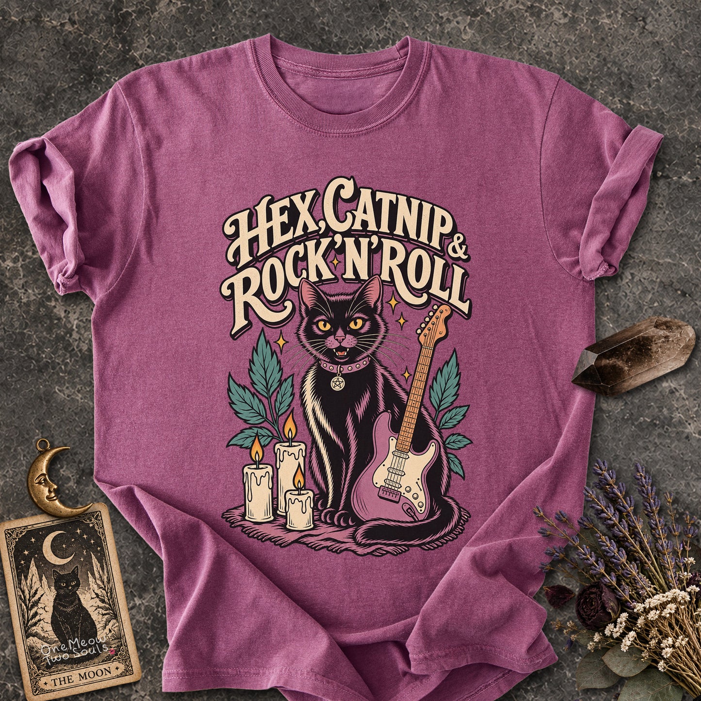 Berry colored Comfort Colors 1717 cotton T-shirt, featuring a "Hex, catnip and Rock n roll" gothic witchy cat design illustration. One Meow Two Souls brand.