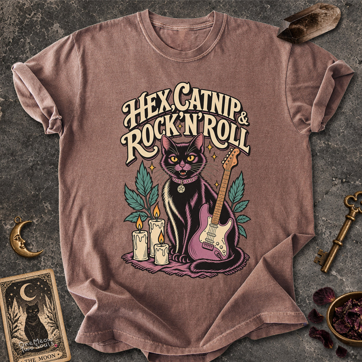 Espresso colored Comfort Colors 1717 cotton T-shirt, featuring a "Hex, catnip and Rock n roll" gothic witchy cat design illustration. One Meow Two Souls brand.