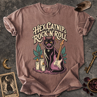 Espresso colored Comfort Colors 1717 cotton T-shirt, featuring a "Hex, catnip and Rock n roll" gothic witchy cat design illustration. One Meow Two Souls brand.