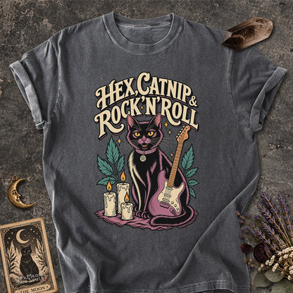 Pepper colored Comfort Colors 1717 cotton T-shirt, featuring a "Hex, catnip and Rock n roll" gothic witchy cat design illustration. One Meow Two Souls brand.