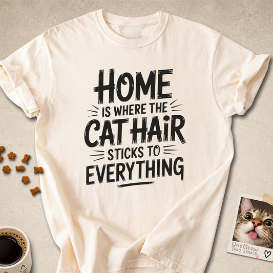 Ivory colored Comfort Colors 1717 cotton T-shirt, featuring a "Home is where the cat hair sticks to everything" funny cat design illustration. One Meow Two Souls brand.