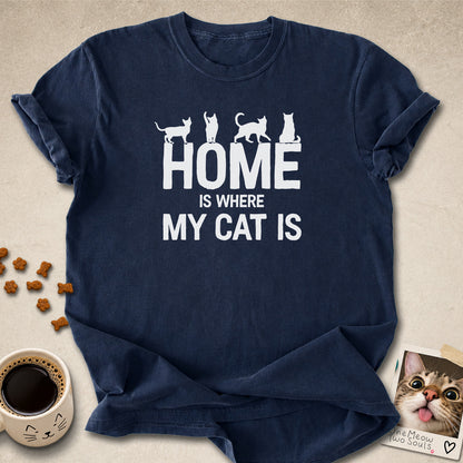 Navy colored Comfort Colors 1717 cotton T-shirt, featuring a "Home is Where My Cat Is" funny cat design illustration. One Meow Two Souls brand.