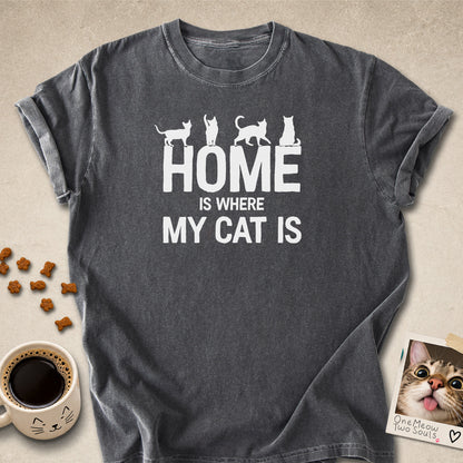 Pepper colored Comfort Colors 1717 cotton T-shirt, featuring a "Home is Where My Cat Is" funny cat design illustration. One Meow Two Souls brand.