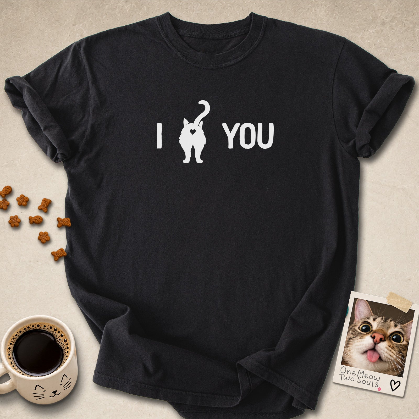 Black colored Comfort Colors 1717 cotton T-shirt, featuring a "I Love You " funny cat butt design illustration. One Meow Two Souls brand.