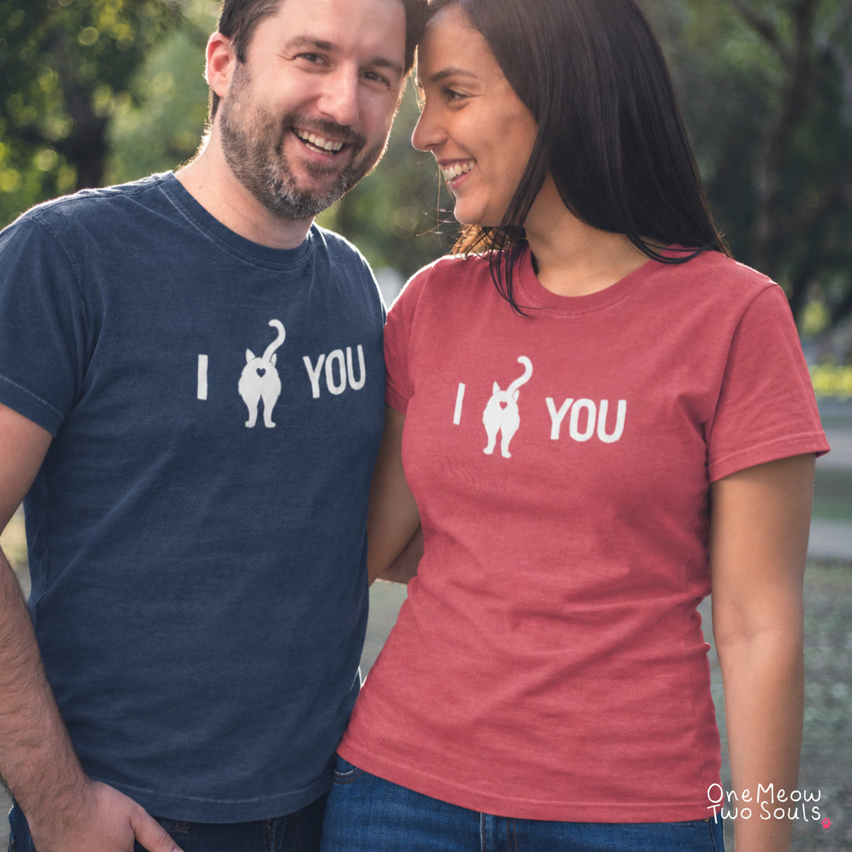 Navy and Watermelon colored Comfort Colors 1717 cotton T-shirts, featuring a "I Love You " funny cat butt design illustration. One Meow Two Souls brand.