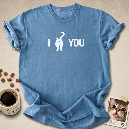 Blue Jean colored Comfort Colors 1717 cotton T-shirt, featuring a "I Love You " funny cat butt design illustration. One Meow Two Souls brand.