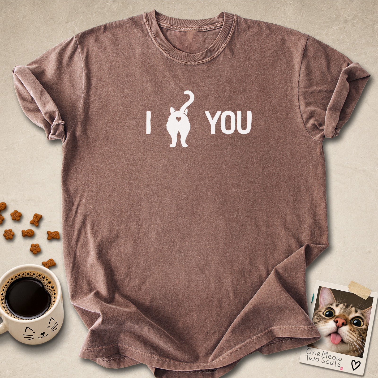 Espresso colored Comfort Colors 1717 cotton T-shirt, featuring a "I Love You " funny cat butt design illustration. One Meow Two Souls brand.