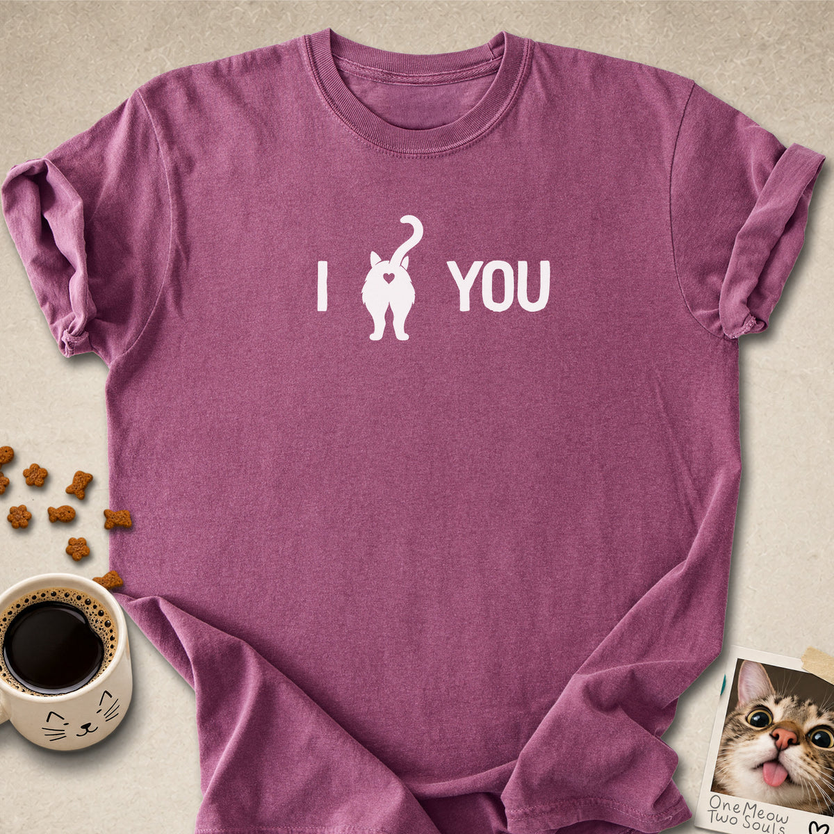Berry colored Comfort Colors 1717 cotton T-shirt, featuring a "I Love You " funny cat butt design illustration. One Meow Two Souls brand.