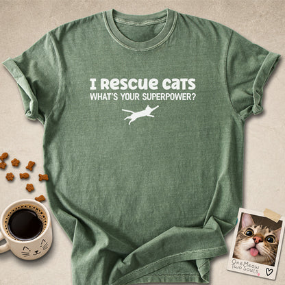 Moss colored Comfort Colors 1717 cotton T-shirt, featuring a "I Rescue cats. What is your superpower?" funny cat design illustration. One Meow Two Souls brand.