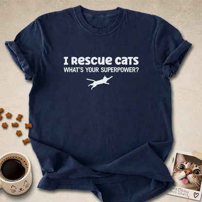 Navy colored Comfort Colors 1717 cotton T-shirt, featuring a "I Rescue cats. What is your superpower?" funny cat design illustration. One Meow Two Souls brand.