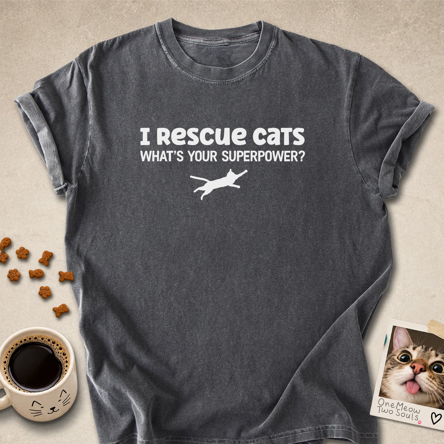 Pepper colored Comfort Colors 1717 cotton T-shirt, featuring a "I Rescue cats. What is your superpower?" funny cat design illustration. One Meow Two Souls brand.