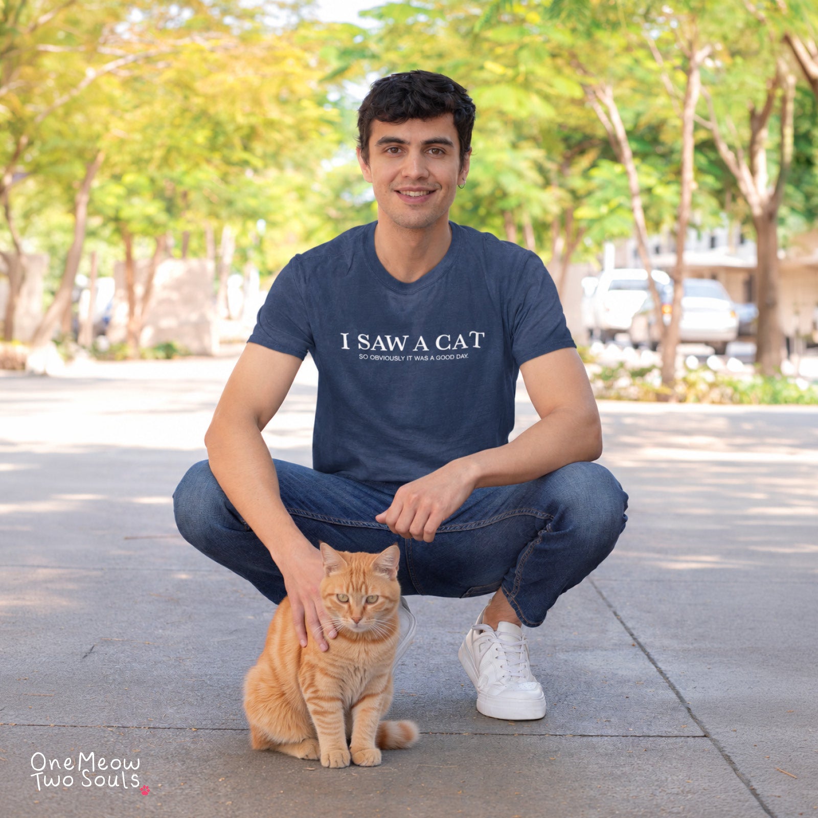 Navy colored Comfort Colors 1717 cotton T-shirt, featuring a "I saw a cat. So obviously it was a good day." funny cat design illustration. One Meow Two Souls brand.