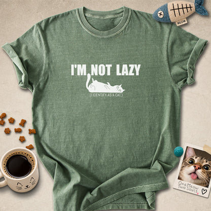 Moss colored Comfort Colors 1717 cotton T-shirt, featuring a "I'm not lazy, I identify as a cat" funny cat design illustration. One Meow Two Souls brand.