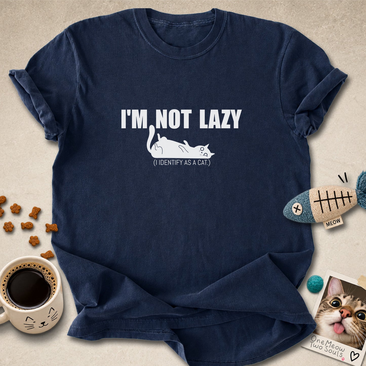 Navy colored Comfort Colors 1717 cotton T-shirt, featuring a "I'm not lazy, I identify as a cat" funny cat design illustration. One Meow Two Souls brand.