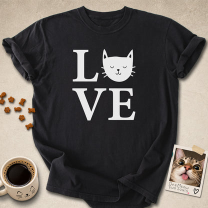 Black colored Comfort Colors 1717 cotton T-shirt, featuring a "LOVE" cute cat design illustration. One Meow Two Souls brand.