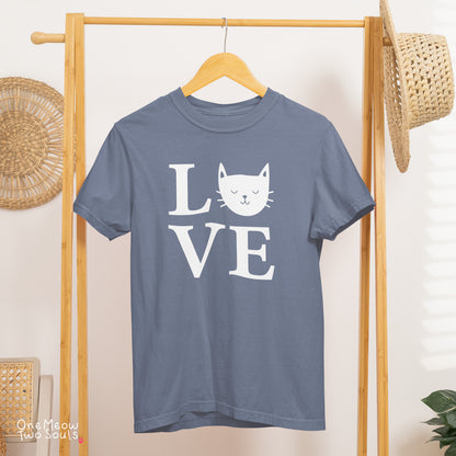 Blue jean colored Comfort Colors 1717 cotton T-shirt, featuring a "LOVE" cute cat design illustration. One Meow Two Souls brand.