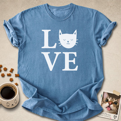 Blue Jean colored Comfort Colors 1717 cotton T-shirt, featuring a "LOVE" cute cat design illustration. One Meow Two Souls brand.