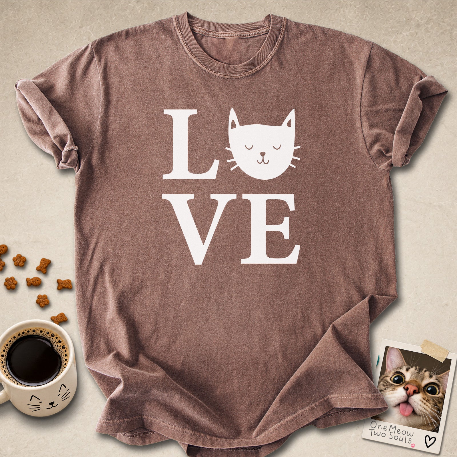 Espresso colored Comfort Colors 1717 cotton T-shirt, featuring a "LOVE" cute cat design illustration. One Meow Two Souls brand.