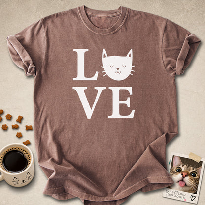 Espresso colored Comfort Colors 1717 cotton T-shirt, featuring a "LOVE" cute cat design illustration. One Meow Two Souls brand.