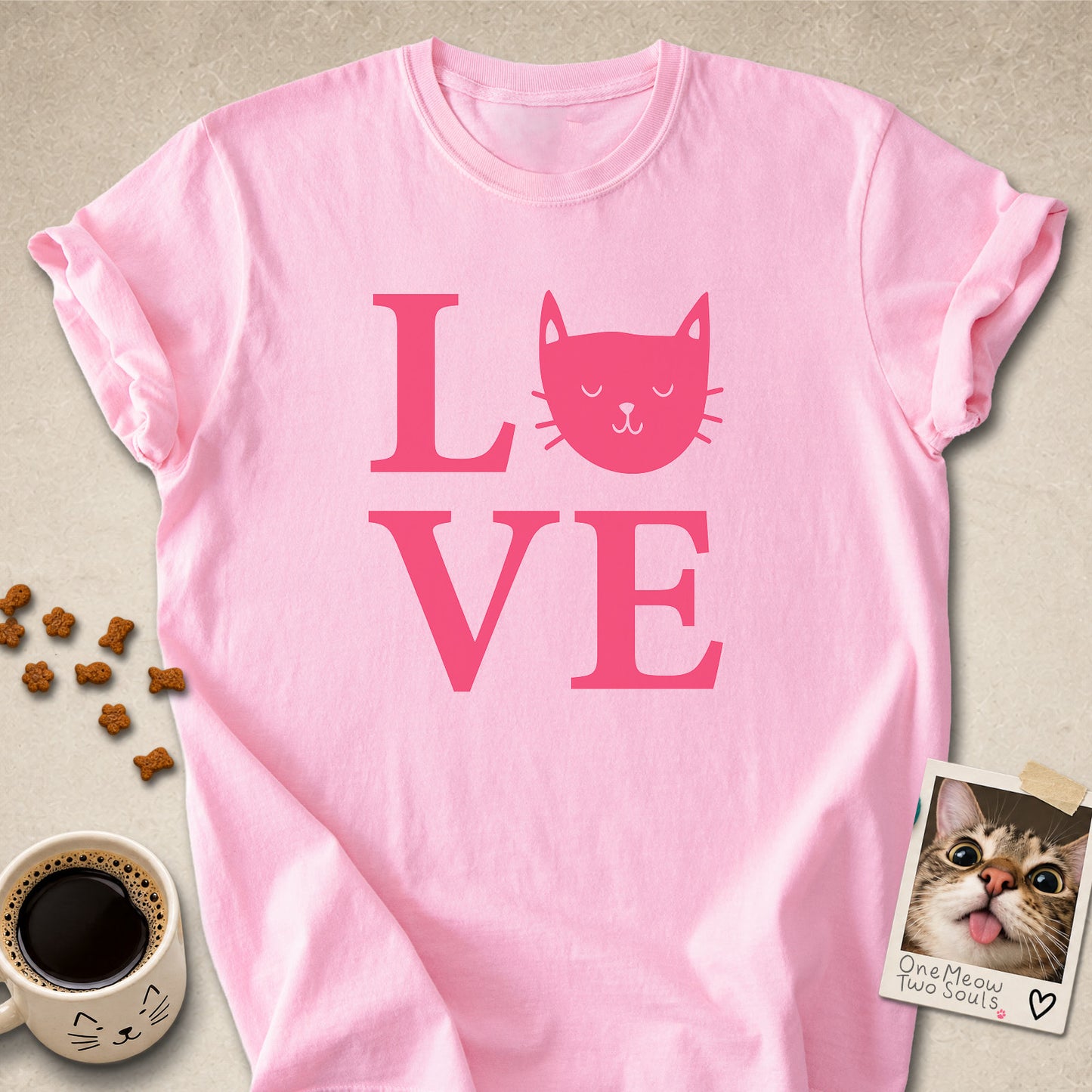 Blossom colored Comfort Colors 1717 cotton T-shirt, featuring a "LOVE" cute cat design illustration. One Meow Two Souls brand.