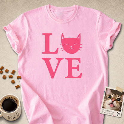 Blossom colored Comfort Colors 1717 cotton T-shirt, featuring a "LOVE" cute cat design illustration. One Meow Two Souls brand.