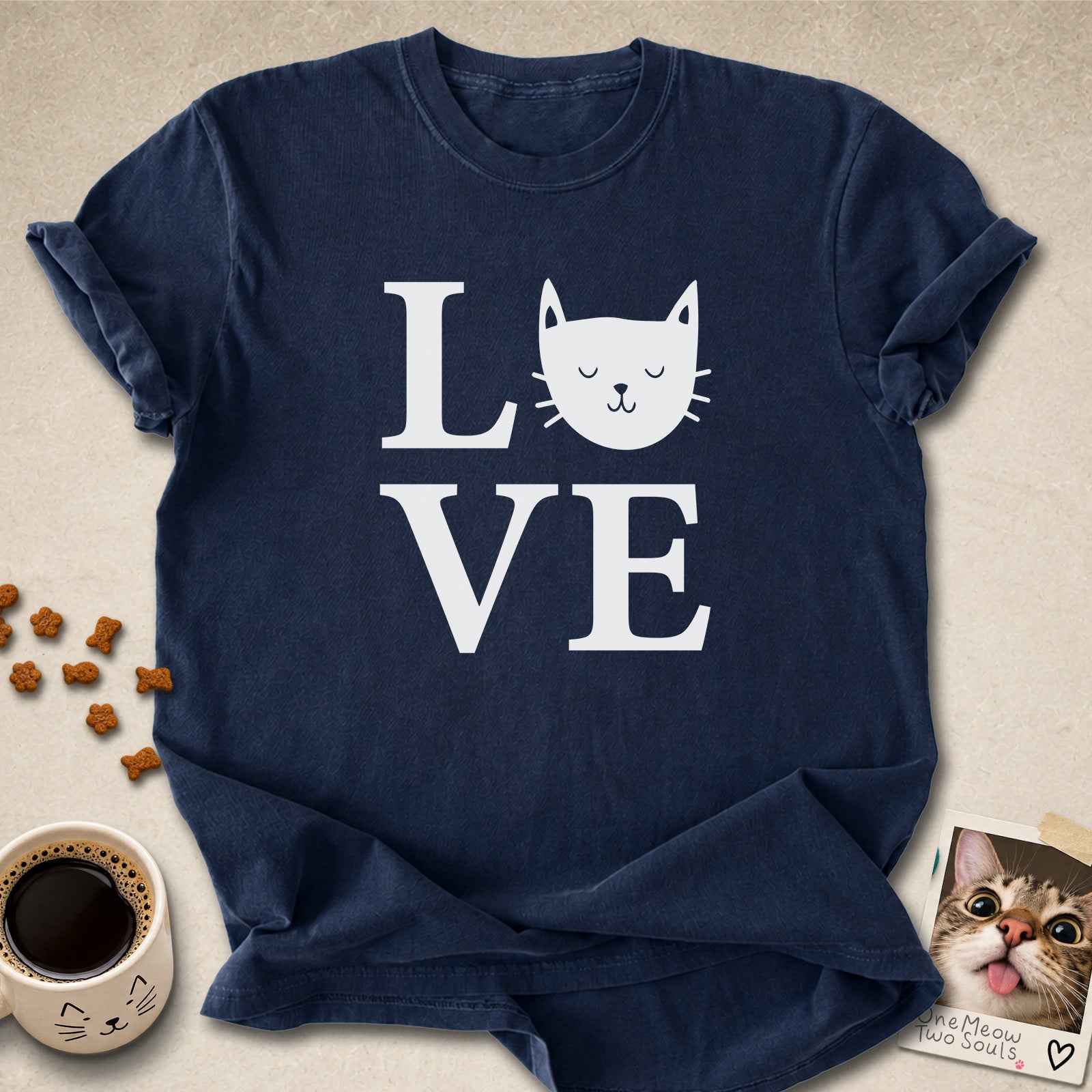 Navy colored Comfort Colors 1717 cotton T-shirt, featuring a "LOVE" cute cat design illustration. One Meow Two Souls brand.