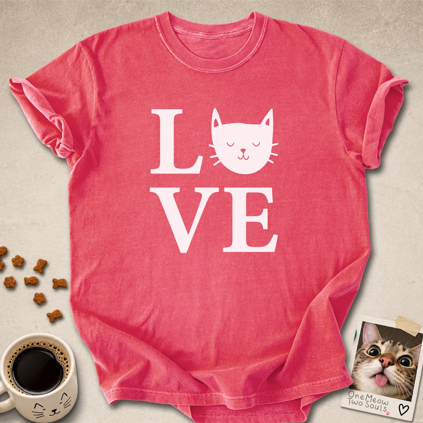 Watermelon colored Comfort Colors 1717 cotton T-shirt, featuring a "LOVE" cute cat design illustration. One Meow Two Souls brand.