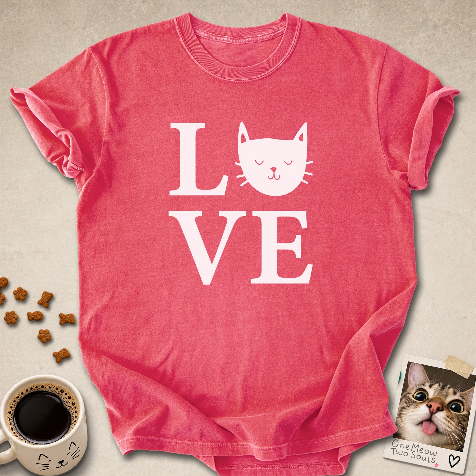 Watermelon colored Comfort Colors 1717 cotton T-shirt, featuring a "LOVE" cute cat design illustration. One Meow Two Souls brand.