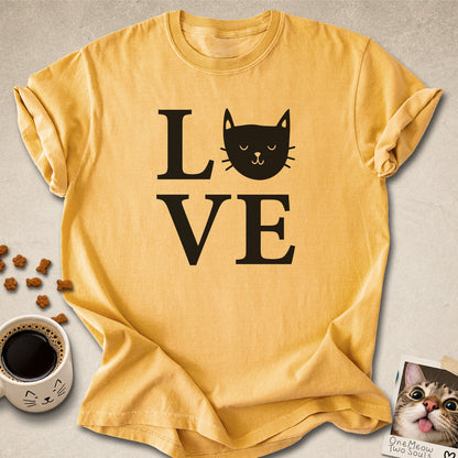 Mustard colored Comfort Colors 1717 cotton T-shirt, featuring a "LOVE" cute cat design illustration. One Meow Two Souls brand.