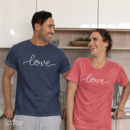 Navy and Watermelon colored Comfort Colors 1717 cotton T-shirts, featuring a "LOVE" cat paw design illustration. One Meow Two Souls brand.