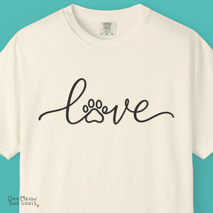 Navy colored Comfort Colors 1717 cotton T-shirt, featuring a "LOVE" cat paw design illustration. One Meow Two Souls brand.