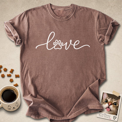 Espresso colored Comfort Colors 1717 cotton T-shirt, featuring a "LOVE" cat paw design illustration. One Meow Two Souls brand.
