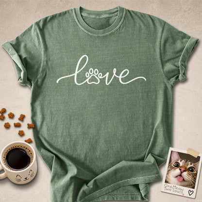 Moss colored Comfort Colors 1717 cotton T-shirt, featuring a "LOVE" cat paw design illustration. One Meow Two Souls brand.
