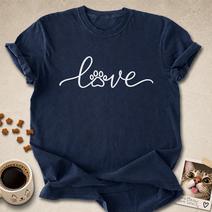 Navy colored Comfort Colors 1717 cotton T-shirt, featuring a "LOVE" cat paw design illustration. One Meow Two Souls brand.
