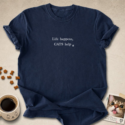 Navy colored Comfort Colors 1717 cotton T-shirt, featuring a "Life happens, cats help" funny cat design illustration. One Meow Two Souls brand.