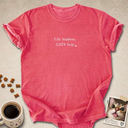 Watermelon colored Comfort Colors 1717 cotton T-shirt, featuring a "Life happens, cats help" funny cat design illustration. One Meow Two Souls brand.